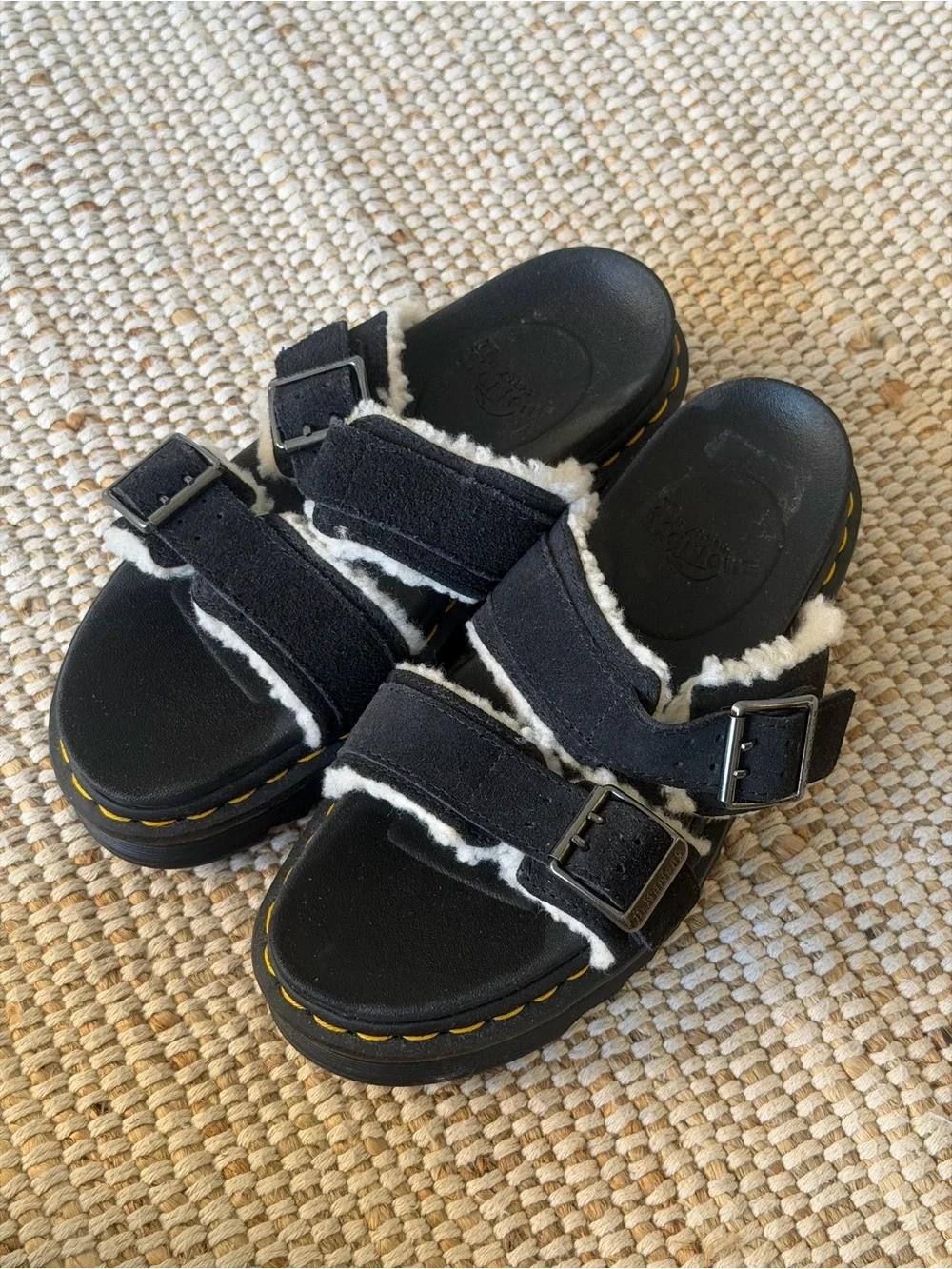 Dr. Martens Myles Suede Fur Lined Slide Sandals in Black